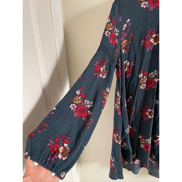 Free People Mini Swing Dress XS Blue Floral Long Balloon Sleeves Tunic Top - Picture 3 of 7